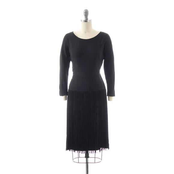 Vintage 1940s Dress 40s Fringe Tassels Black Rayon Long Sleeve Sheath Party - Picture 2 of 9